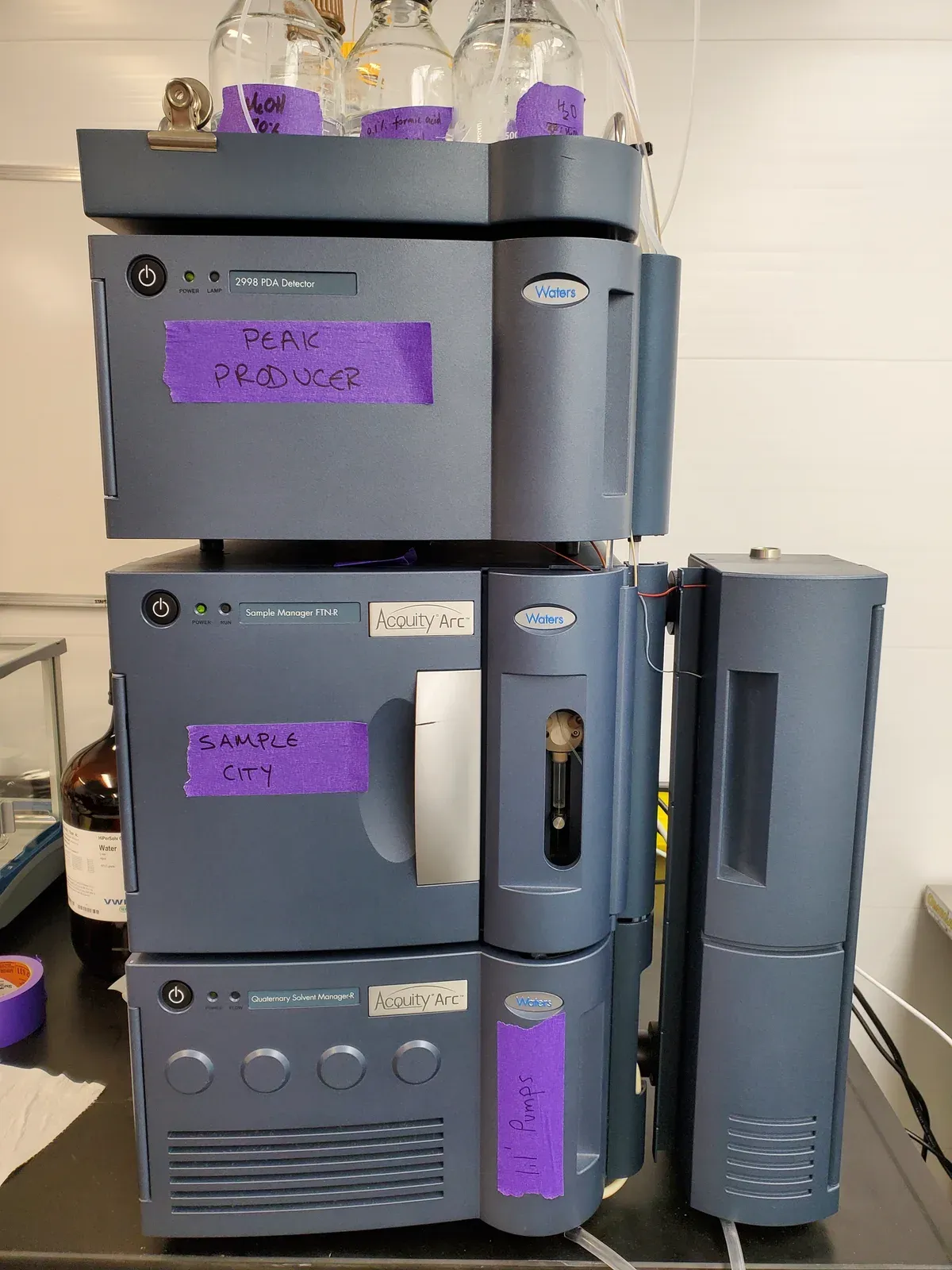 Waters Acquity ARC chromatography instrument with solvent bottles and labelled instrument modules